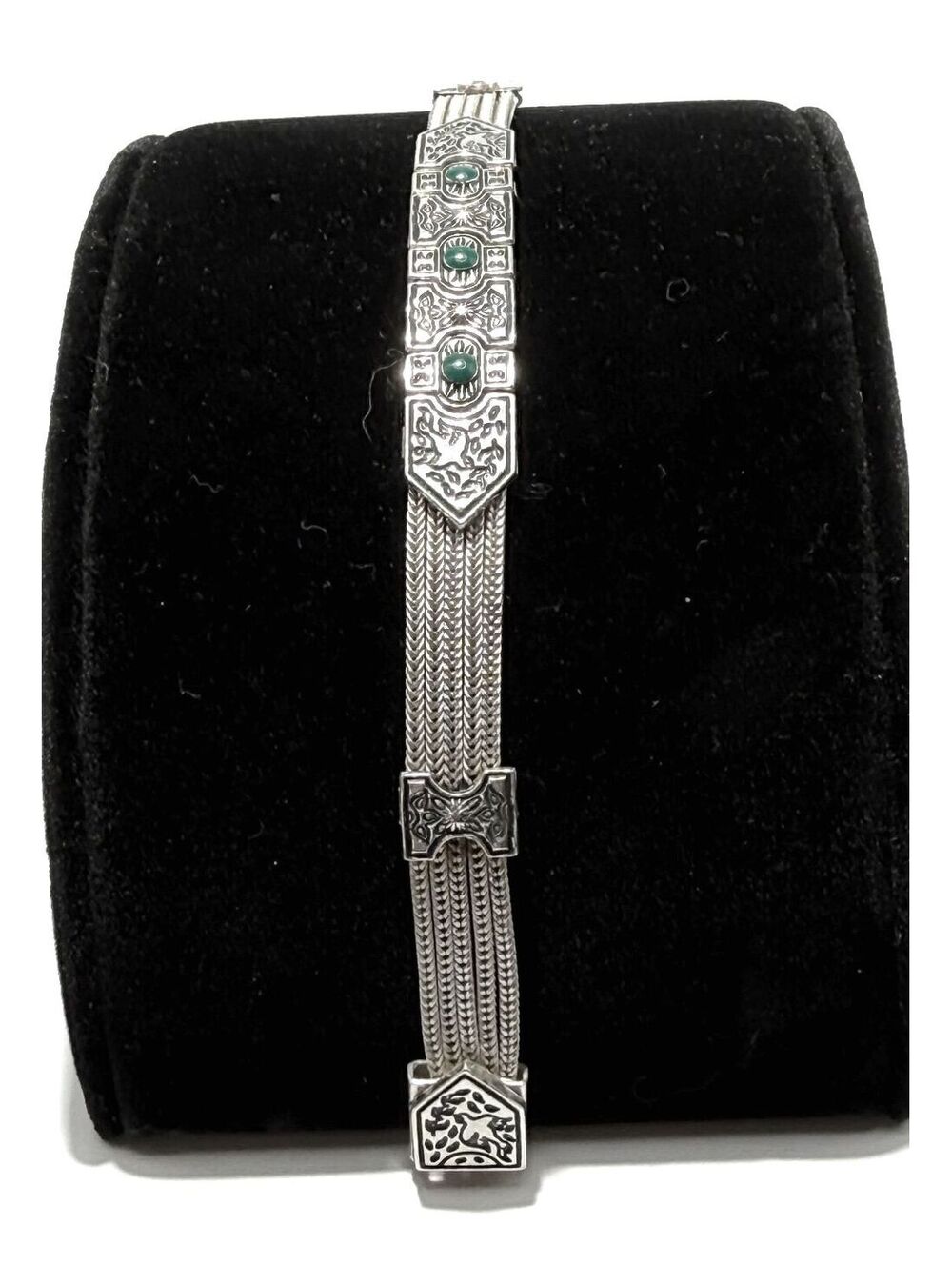 Sterling Silver Byzantine-Style Multi-Strand Bracelet with Green Cabochons - Picture 3 of 5